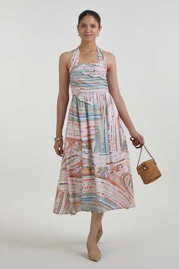 Buy_SOBARIKO_Multi Color Linen Halter Neck Daphne Abstract Dot Print Dress _at_Aza_Fashions