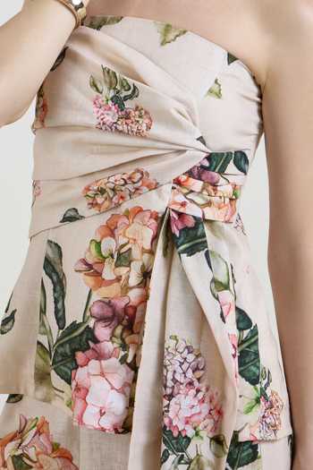 SOBARIKO_Yellow Linen Bandeau Neck Hazel Bloom Print Strapless Top And Pant Set _Online_at_Aza_Fashions