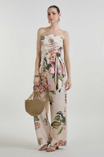 Buy_SOBARIKO_Yellow Linen Bandeau Neck Hazel Bloom Print Strapless Top And Pant Set _Online_at_Aza_Fashions