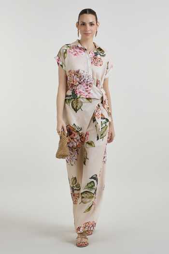 Shop_SOBARIKO_Yellow Linen Button-down Neck Hazel Bloom Print Twist Top And Pant Co-ord Set _Online_at_Aza_Fashions