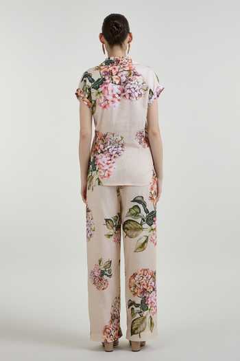 Shop_SOBARIKO_Yellow Linen Button-down Neck Hazel Bloom Print Twist Top And Pant Co-ord Set _at_Aza_Fashions