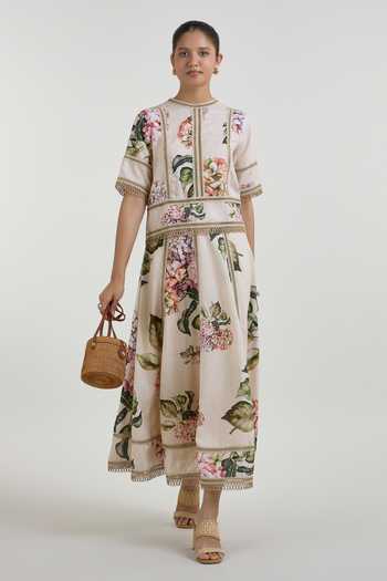Buy_SOBARIKO_Yellow Linen Round Neck Hazel Bloom Print Raafia Top And Skirt Set _at_Aza_Fashions