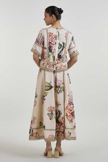 Shop_SOBARIKO_Yellow Linen Round Neck Hazel Bloom Print Raafia Top And Skirt Set _at_Aza_Fashions