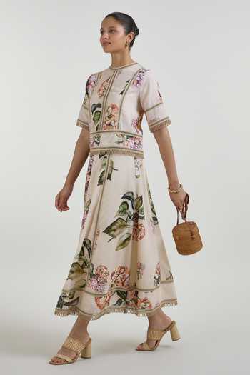 SOBARIKO_Yellow Linen Round Neck Hazel Bloom Print Raafia Top And Skirt Set _Online_at_Aza_Fashions