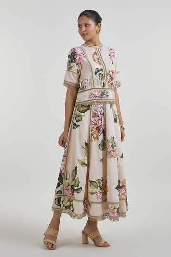 Buy_SOBARIKO_Yellow Linen Round Neck Hazel Bloom Print Raafia Top And Skirt Set _Online_at_Aza_Fashions