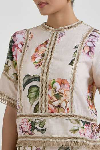 Shop_SOBARIKO_Yellow Linen Round Neck Hazel Bloom Print Raafia Top And Skirt Set _Online_at_Aza_Fashions