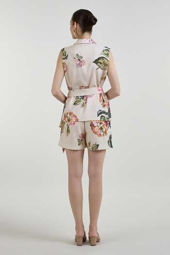 Shop_Sobariko_Yellow Linen Hazel Hydrangea Bloom Print Blazer And Shorts Set _at_Aza_Fashions