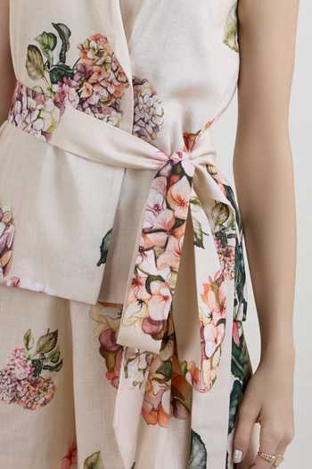Buy_Sobariko_Yellow Linen Hazel Hydrangea Bloom Print Blazer And Shorts Set 