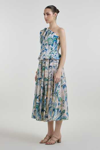 SOBARIKO_Blue Linen One Shoulder Penelope Print Top And Fanfare Skirt Set _Online_at_Aza_Fashions