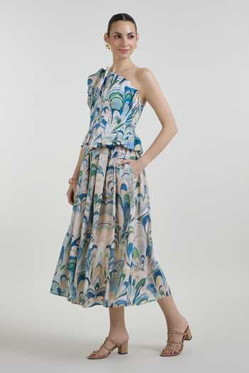 Buy_SOBARIKO_Blue Linen One Shoulder Penelope Print Top And Fanfare Skirt Set _Online_at_Aza_Fashions