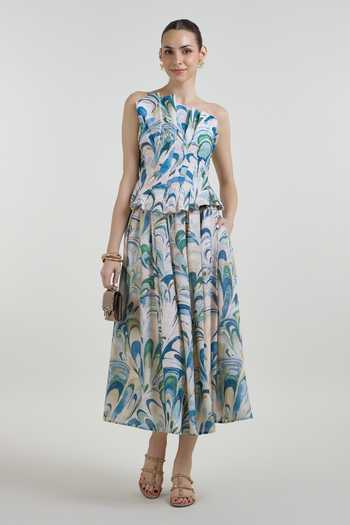 Shop_SOBARIKO_Blue Linen One Shoulder Penelope Print Top And Fanfare Skirt Set _Online_at_Aza_Fashions