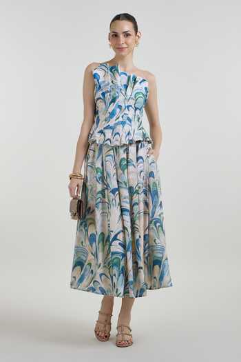 Buy_SOBARIKO_Blue Linen One Shoulder Penelope Print Top And Fanfare Skirt Set _at_Aza_Fashions