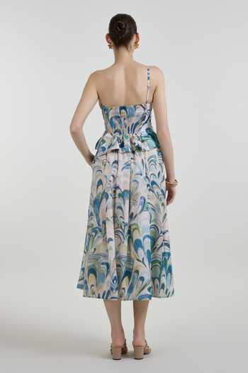 Shop_SOBARIKO_Blue Linen One Shoulder Penelope Print Top And Fanfare Skirt Set _at_Aza_Fashions