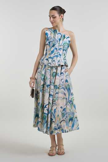 SOBARIKO_Blue Linen One Shoulder Penelope Print Top And Fanfare Skirt Set _at_Aza_Fashions