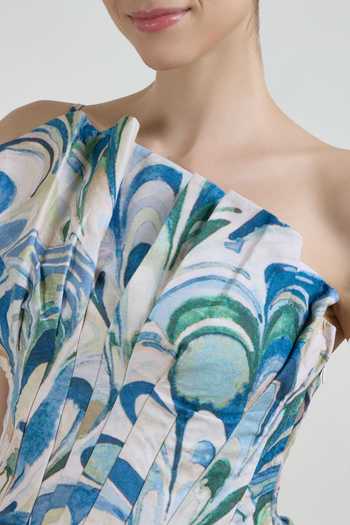Buy_SOBARIKO_Blue Linen One Shoulder Penelope Print Top And Fanfare Skirt Set 