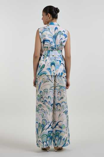 Shop_SOBARIKO_Blue Linen V-neck Penelope Print Wrap Jacket And Pant Set _at_Aza_Fashions