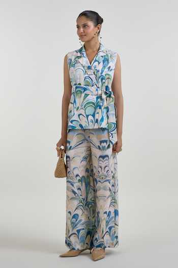 SOBARIKO_Blue Linen V-neck Penelope Print Wrap Jacket And Pant Set _at_Aza_Fashions