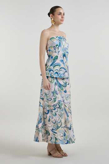 Buy_SOBARIKO_Blue Linen Bandeau Neck Penelope Print Layered Strapless Dress _Online_at_Aza_Fashions