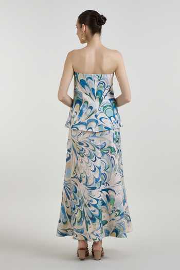 Shop_SOBARIKO_Blue Linen Bandeau Neck Penelope Print Layered Strapless Dress _at_Aza_Fashions