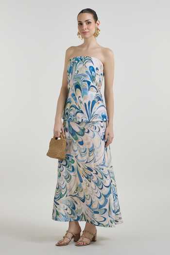 Shop_SOBARIKO_Blue Linen Bandeau Neck Penelope Print Layered Strapless Dress _Online_at_Aza_Fashions