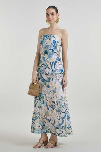 Buy_SOBARIKO_Blue Linen Bandeau Neck Penelope Print Layered Strapless Dress 