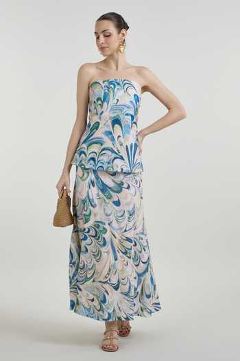 Buy_SOBARIKO_Blue Linen Bandeau Neck Penelope Print Layered Strapless Dress _at_Aza_Fashions
