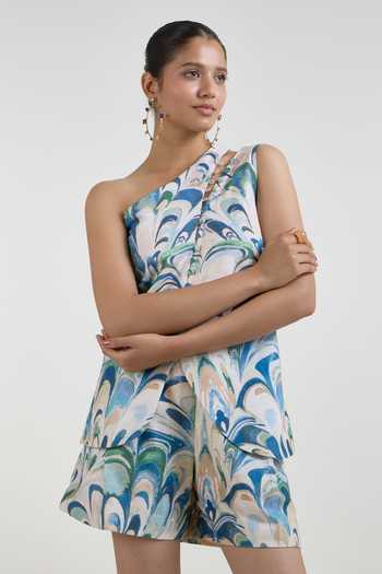 SOBARIKO_Blue Linen One Shoulder Penelope Print Waistcoat And Shorts Set _Online_at_Aza_Fashions