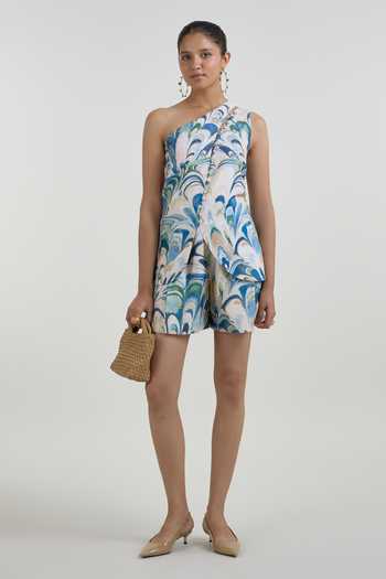 Buy_SOBARIKO_Blue Linen One Shoulder Penelope Print Waistcoat And Shorts Set _at_Aza_Fashions