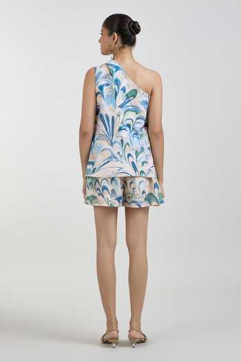 Shop_SOBARIKO_Blue Linen One Shoulder Penelope Print Waistcoat And Shorts Set _at_Aza_Fashions