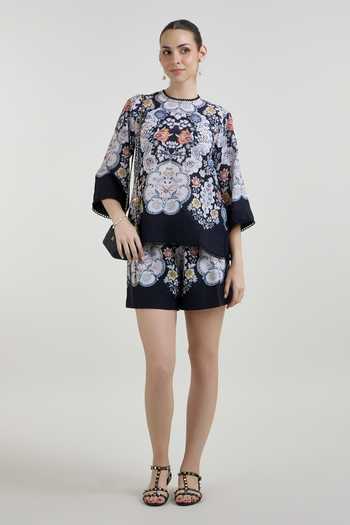 Buy_Sobariko_Multicolor Linen Round Neck Valerie Print Top And Shorts Set _Online_at_Aza_Fashions