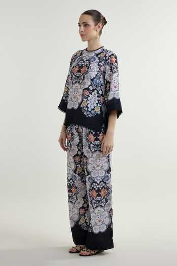 SOBARIKO_Black Linen Round Neck Valerie Print Blend Top And Pant Set _Online_at_Aza_Fashions