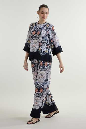 Buy_SOBARIKO_Black Linen Round Neck Valerie Print Blend Top And Pant Set _Online_at_Aza_Fashions