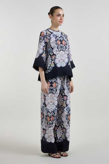 Shop_SOBARIKO_Black Linen Round Neck Valerie Print Blend Top And Pant Set _Online_at_Aza_Fashions
