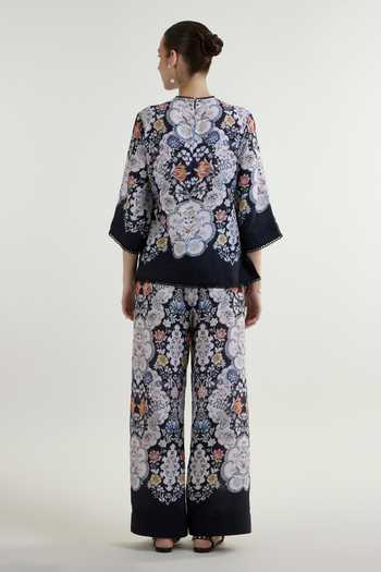 Shop_SOBARIKO_Black Linen Round Neck Valerie Print Blend Top And Pant Set _at_Aza_Fashions