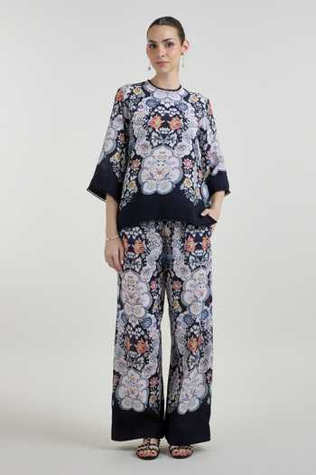 SOBARIKO_Black Linen Round Neck Valerie Print Blend Top And Pant Set _at_Aza_Fashions