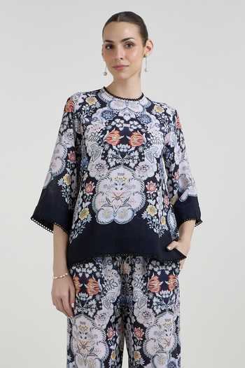 Buy_SOBARIKO_Black Linen Round Neck Valerie Print Blend Top And Pant Set 