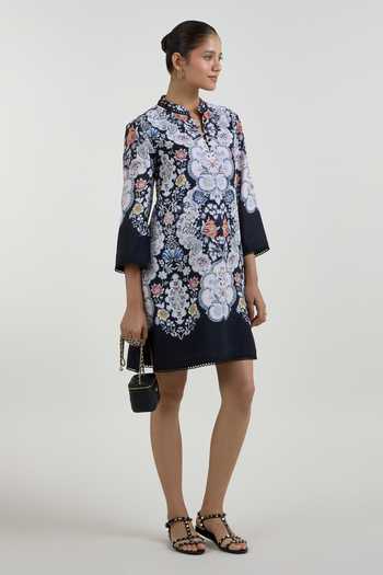 Buy_SOBARIKO_Black Linen Mandarin Collar Valerie Printt Shift Dress _at_Aza_Fashions