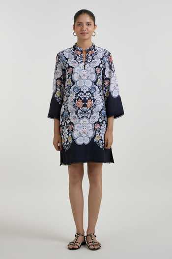 SOBARIKO_Black Linen Mandarin Collar Valerie Printt Shift Dress _Online_at_Aza_Fashions