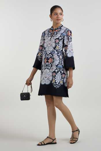 Buy_SOBARIKO_Black Linen Mandarin Collar Valerie Printt Shift Dress _Online_at_Aza_Fashions