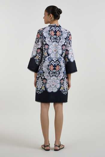 Shop_SOBARIKO_Black Linen Mandarin Collar Valerie Printt Shift Dress _at_Aza_Fashions