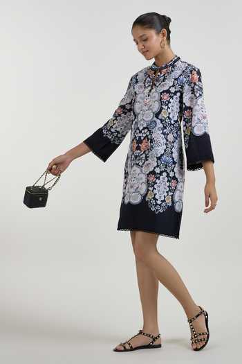 Shop_SOBARIKO_Black Linen Mandarin Collar Valerie Printt Shift Dress _Online_at_Aza_Fashions