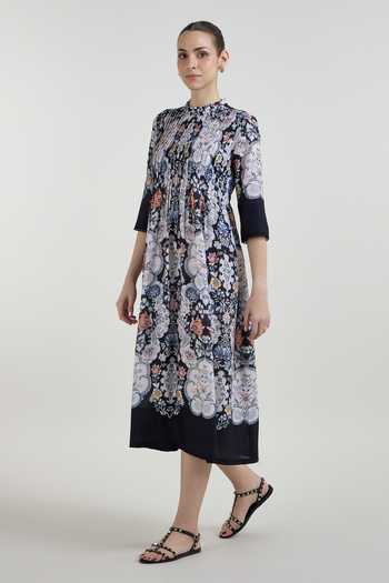 Sobariko_Multicolor Linen High Neck Valerie Print Pleated Dress _Online_at_Aza_Fashions
