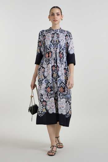 Buy_Sobariko_Multicolor Linen High Neck Valerie Print Pleated Dress _Online_at_Aza_Fashions