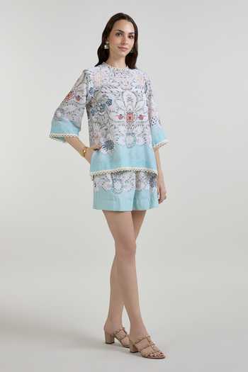 Sobariko_Sky Blue Linen Round Neck Tyla Print Top And Shorts Set _Online_at_Aza_Fashions