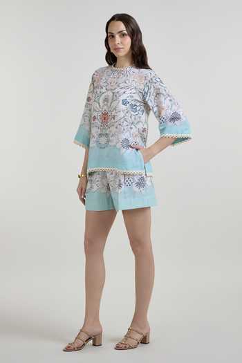 Buy_Sobariko_Sky Blue Linen Round Neck Tyla Print Top And Shorts Set _Online_at_Aza_Fashions