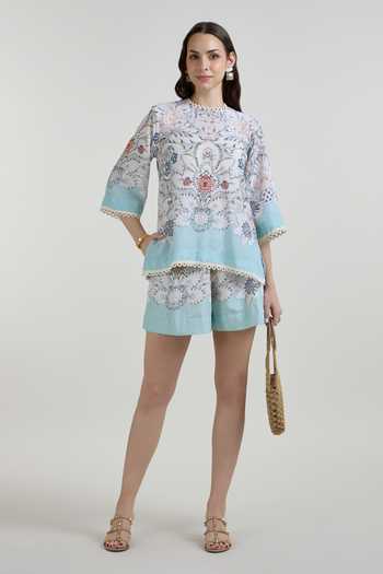 Buy_Sobariko_Sky Blue Linen Round Neck Tyla Print Top And Shorts Set _at_Aza_Fashions