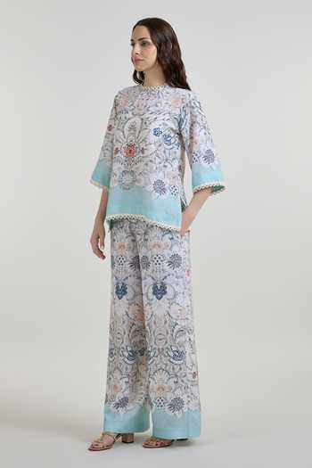 Buy_Sobariko_White Linen Round Neck Tyla Print Top And Pant Set _Online_at_Aza_Fashions