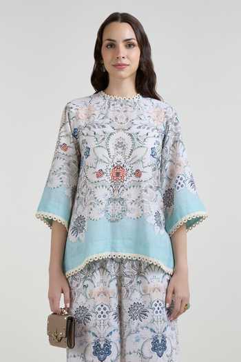 Sobariko_White Linen Round Neck Tyla Print Top And Pant Set _at_Aza_Fashions