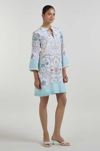 SOBARIKO_White Linen Mandarin Collar Tyla Print Shift Dress _Online_at_Aza_Fashions