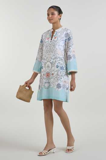 Buy_SOBARIKO_White Linen Mandarin Collar Tyla Print Shift Dress _Online_at_Aza_Fashions